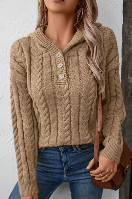 Vintage Solid Color Button-Front Hooded Thick Warm Sweater