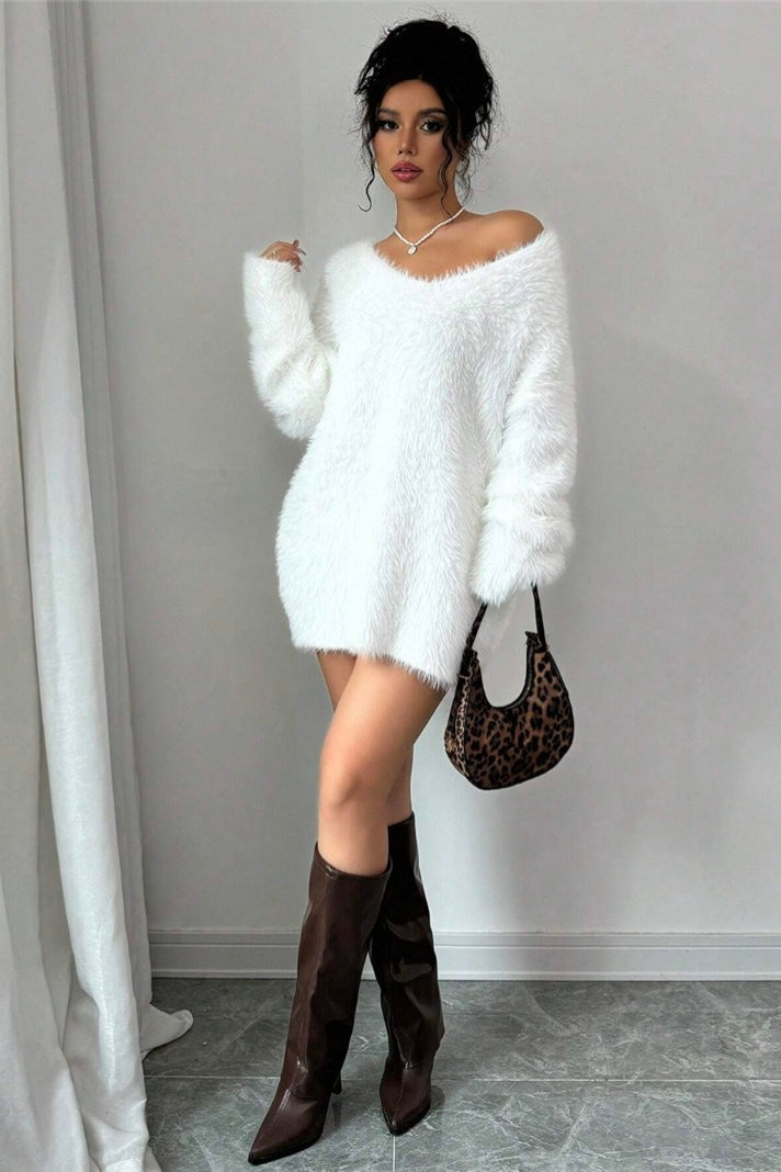 V-Neck Cozy Fuzzy Solid Loose Fit Sweater
