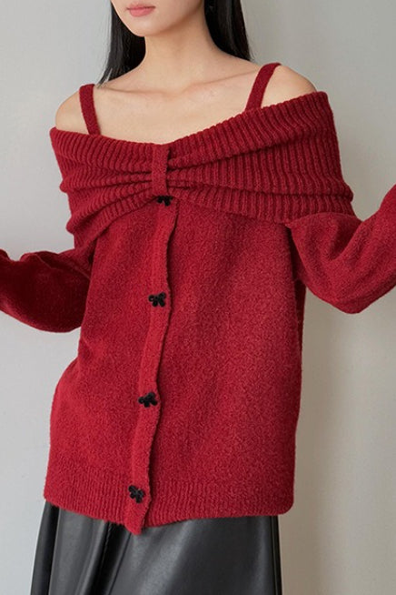 Off-Shoulder Bow Button Long Sleeve Wool Knitted Sweater