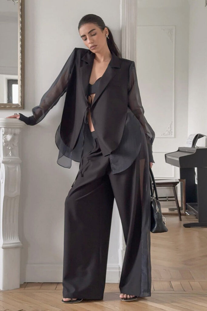 Mesh Tie Waist Wide Leg Pants Blazer