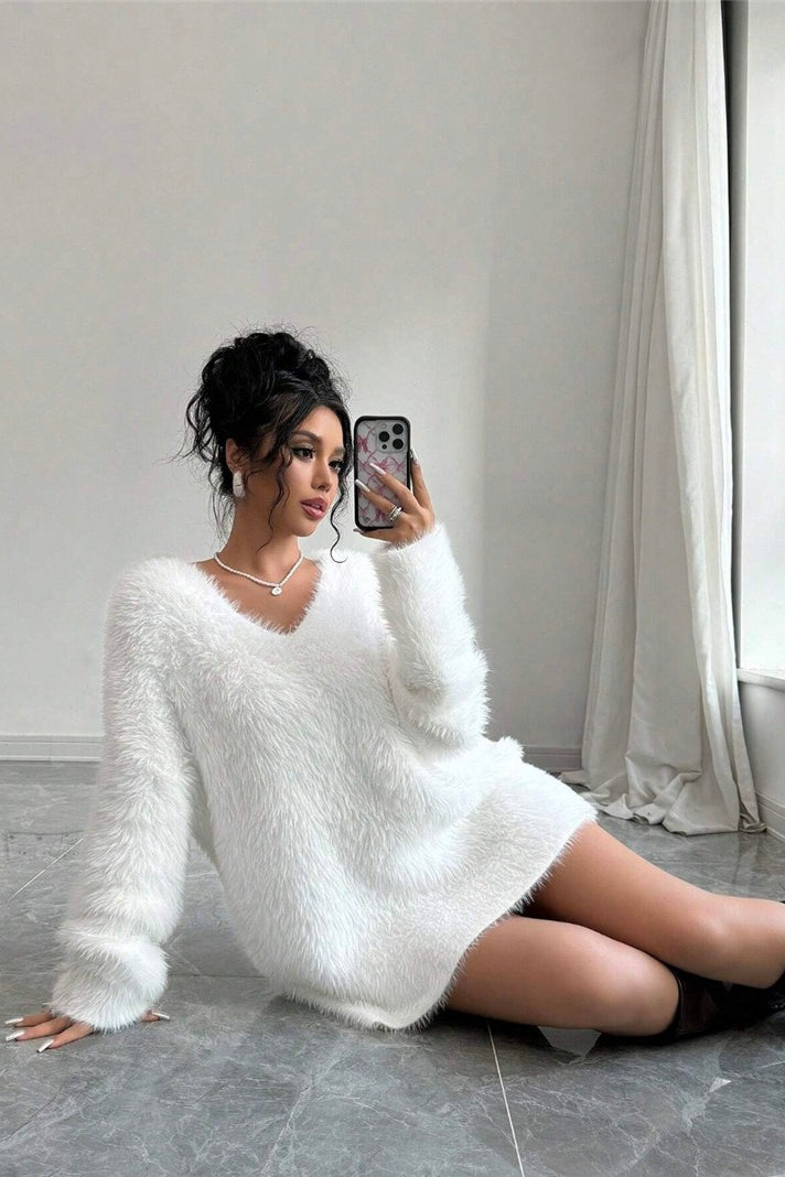 V-Neck Cozy Fuzzy Solid Loose Fit Sweater